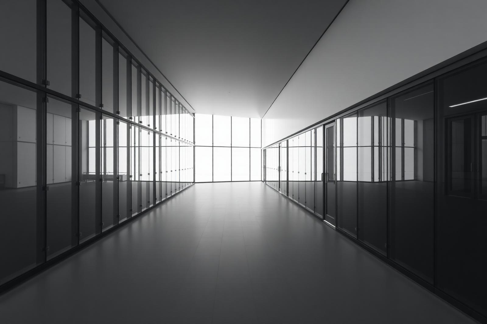 Minimal glass and steel office corridor lit by daylight