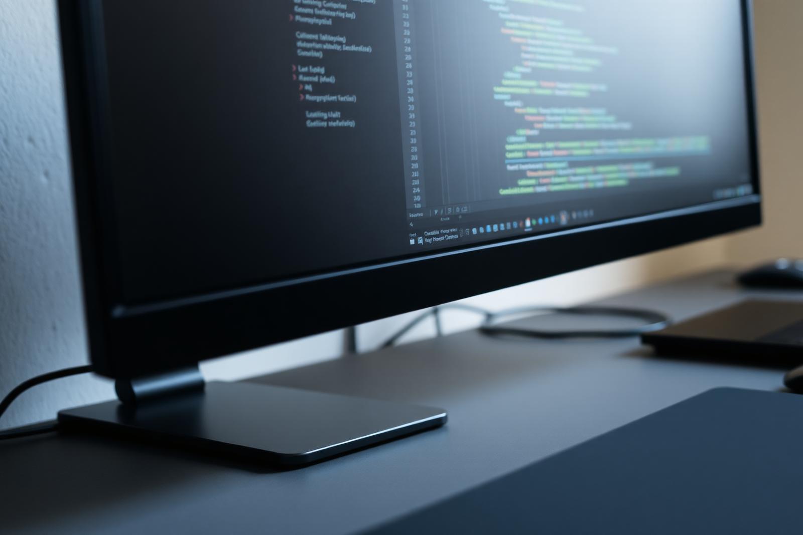 Developer workstation displaying a code editor in a dimly lit room