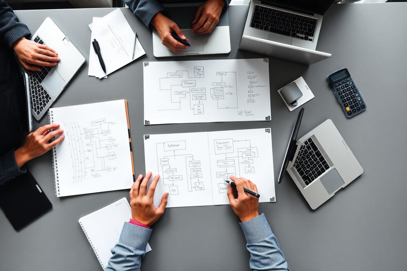 Overhead view of a technology team reviewing hand-drawn system architecture diagrams